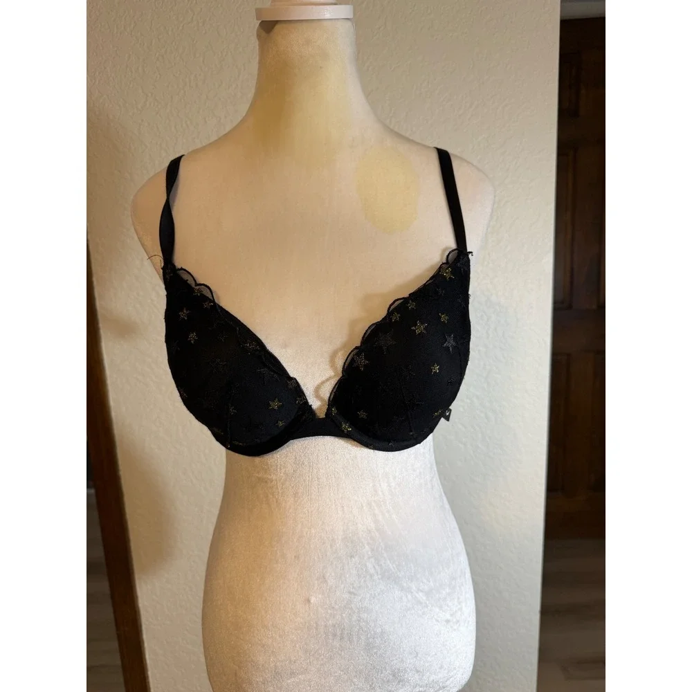 Victoria Secret Push-Up Bra Black 36C Women Gold Star Lace Underwire Intimates